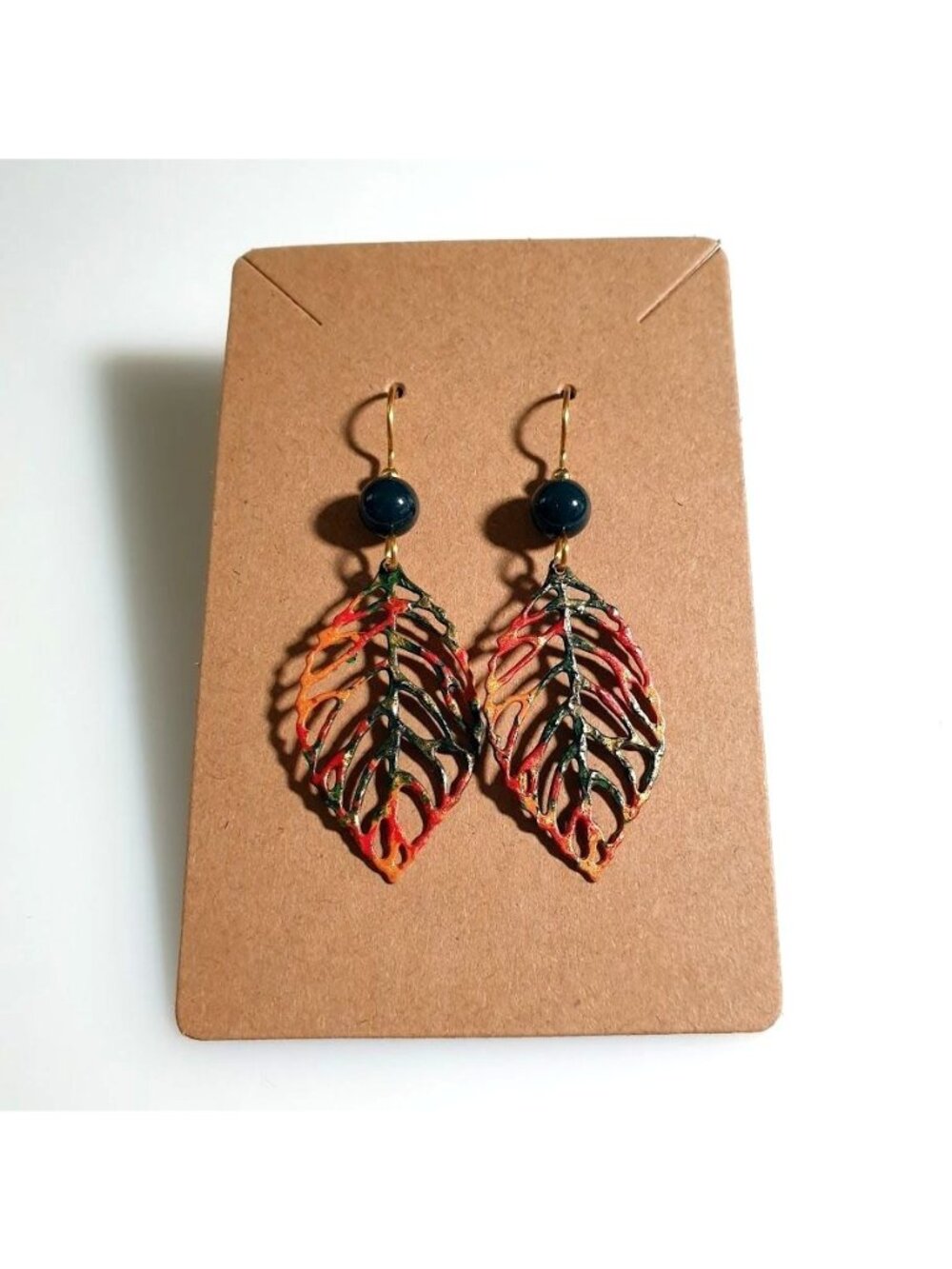 Colorful Boho Leaf Dangle Earrings Metal Gold Tone Black Beads Lightweight Gift
